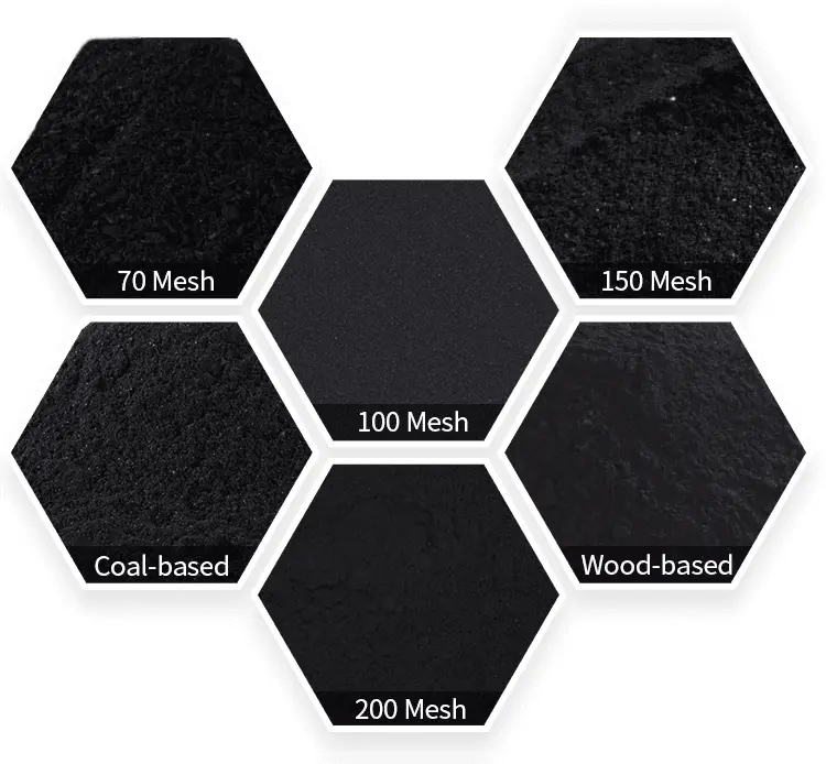 Wood powdered activated carbon size